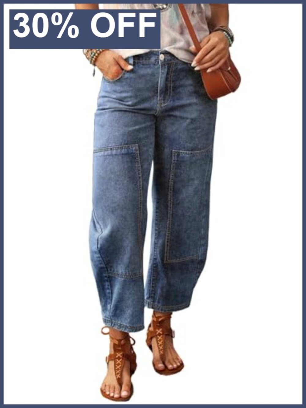 Women's Washed High Rise Barrel Jeans Elastic Waist Cropped Tapered Balloon